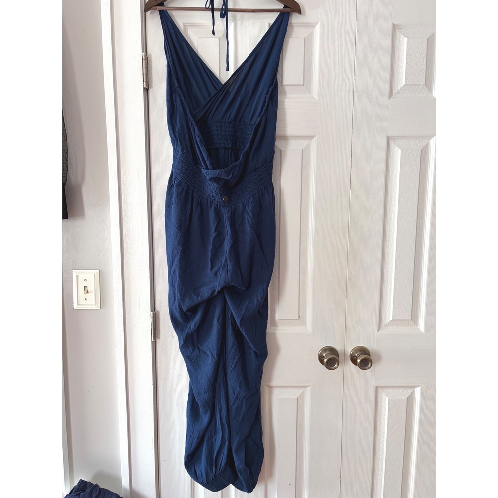 Prana Blue Surplice Halter Jumpsuit Smocked Waist Jogger Leg XL - Picture 2 of 5
